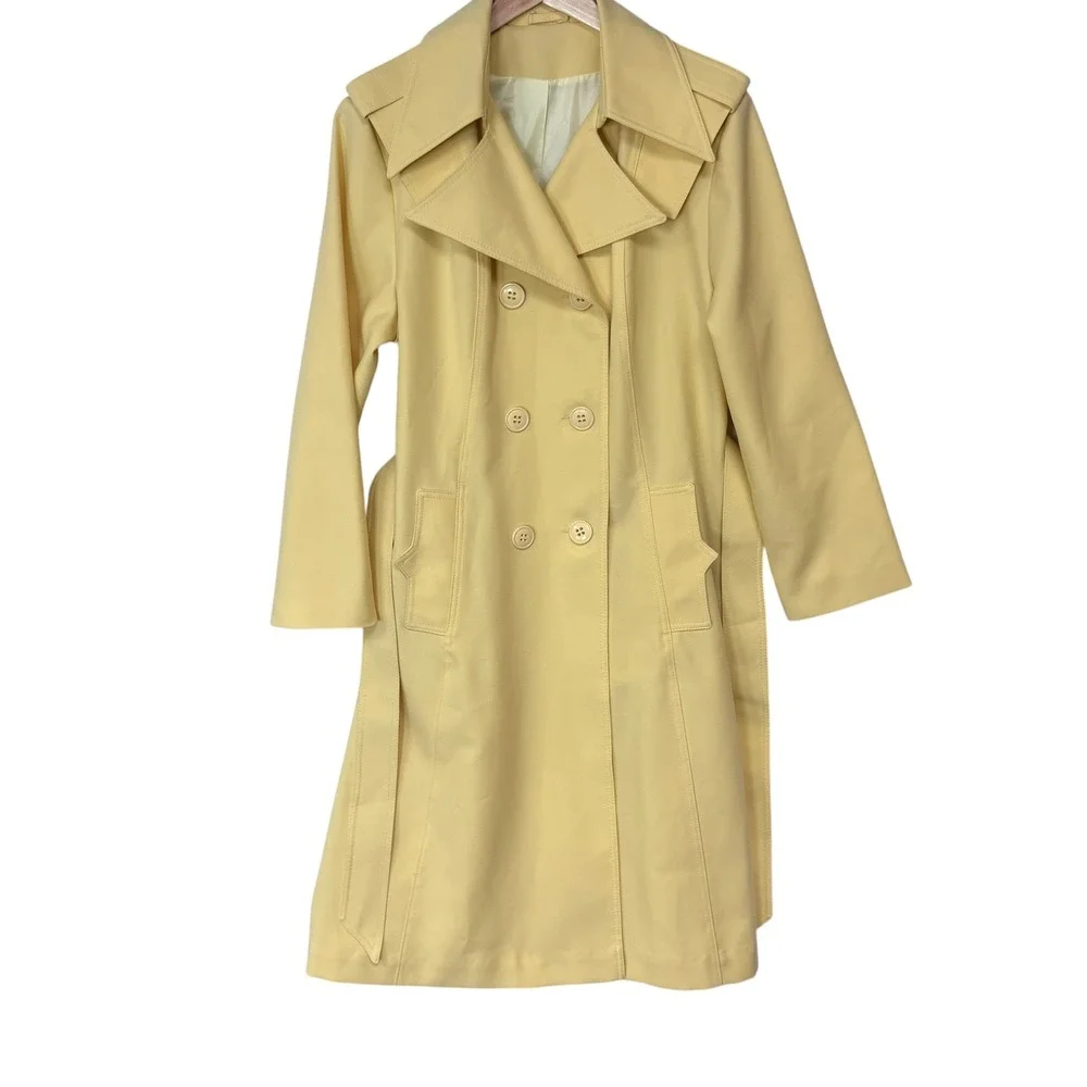 Vintage Yellow Double Breasted Trench Coat Belted Mod Oversized Collar‎ Size 10